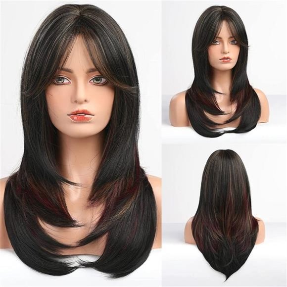 Accessories Black Wigs For Womenlong Layered Black With Color